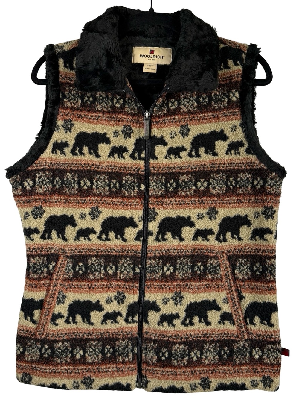 Woolrich Bear Geometric Print Stripe Sherpa Faux Fur Trim Vest Size Small